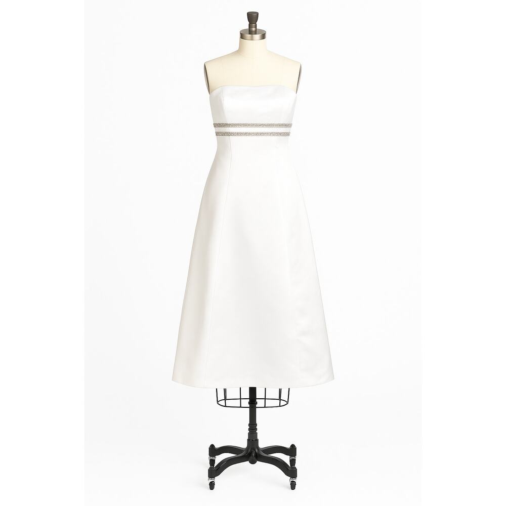 Jessica McClintock White Satin Strapless Rhinestone A-Line Midi Bridal Dress 10